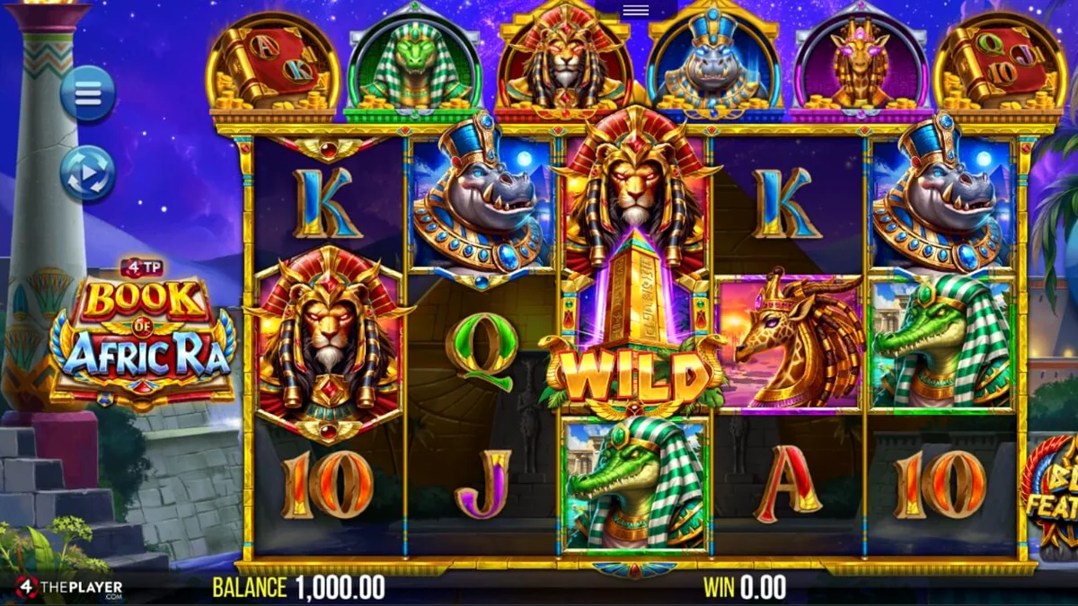 Tampilan visual slot 4TP Book of AfricRa dengan tema hewan Mesir Kuno