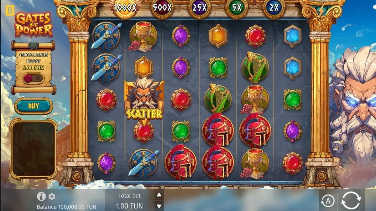 Pemandangan gerbang Olympus dalam slot Gates of Power dengan latar belakang langit biru dan petir Zeus