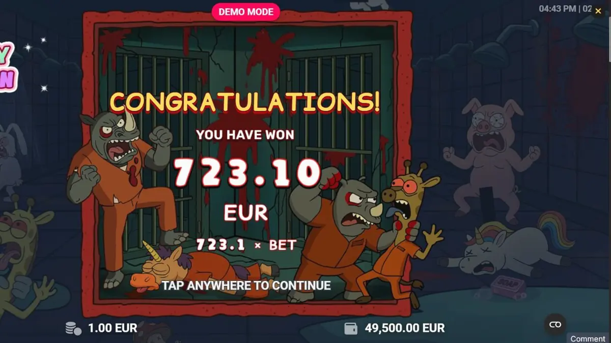 Tampilan visual slot Happy Prison dengan karakter kartun unik di balik jeruji besi.